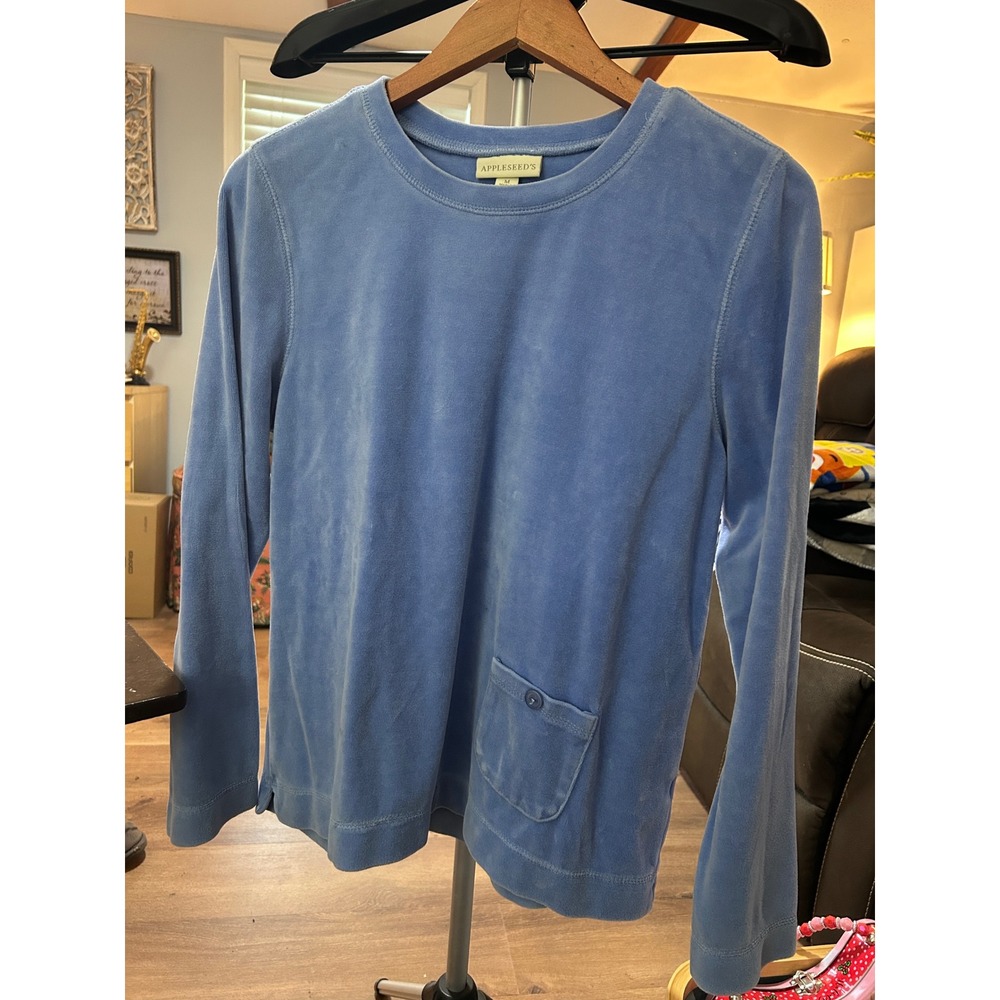 Appleseeds Blue Velour Long Sleeve Crewneck Top with Pocket Women's‎ M